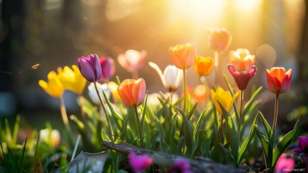 Vibrant spring flowers in a sunlit garden, Spring Season wallpaper for desktop.