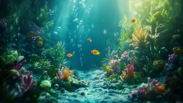 Vibrant underwater scene with colorful coral reefs and tropical fish.