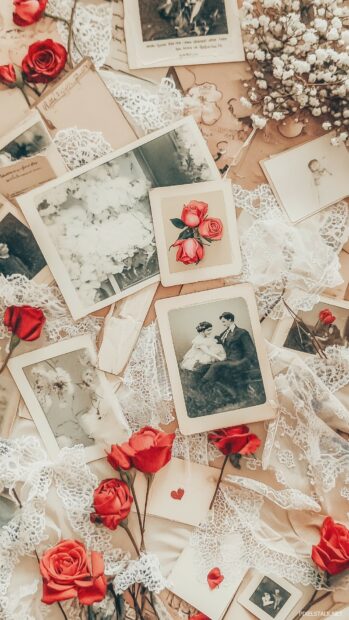 Vintage Valentines postcards, lace, and pressed roses, layered softly over a warm background.