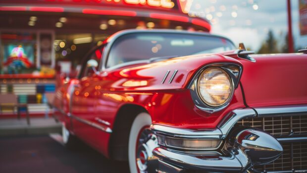 Vintage car in front of a retro diner with neon signs.