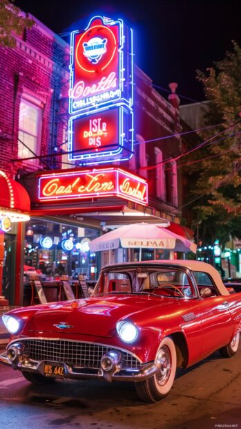 Vintage cool car in front of a retro diner illuminated by neon signs.