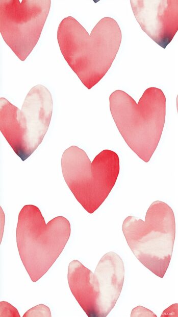 Watercolor style hearts in shades of red and pink.