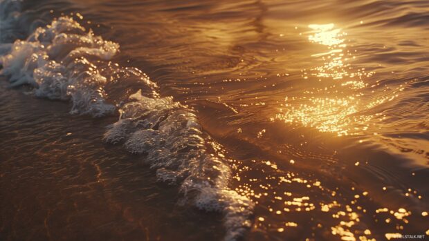 Waves gently lapping the shore during a golden hour ocean sunset.