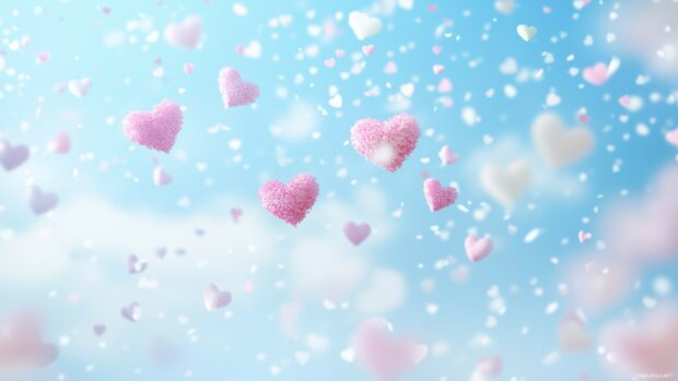 White clouds and pastel hearts floating in a soft blue sky background, creating a cute Valentine HD Wallpaper.