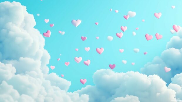 White clouds and pastel hearts floating in a soft blue sky background, creating a cute Valentines atmosphere.