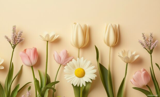 Wildflowers arranged in a seamless with daisies, tulips, and cherry blossoms on a soft cream background.