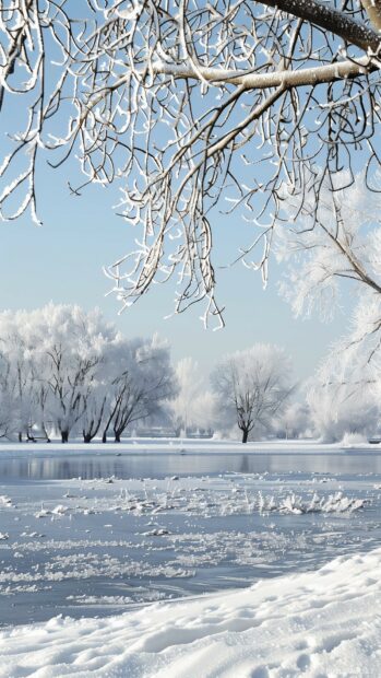 Winter 1080 x 1920 Wallpapers Vertical HD with snow covered trees and a frozen lake.