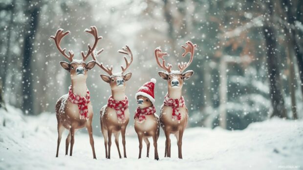 Winter Christmas wallpaper with a family of cartoon reindeer with festive scarves and hats, standing in a snowy forest.