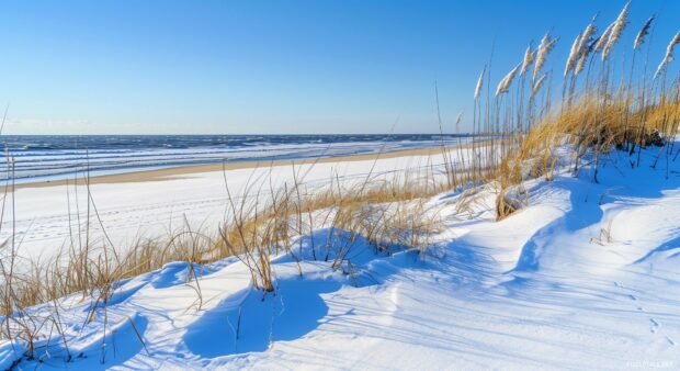 Winter PC wallpaper with snow covered dunes and a chilly ocean.