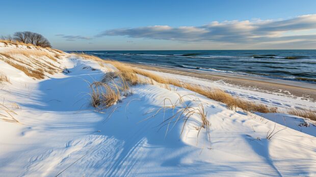 Winter computer desktop wallpaper with snow covered dunes and a frosty shoreline.