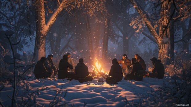 Winter computer wallpaper HD with a bonfire and friends gathered around in the snow.