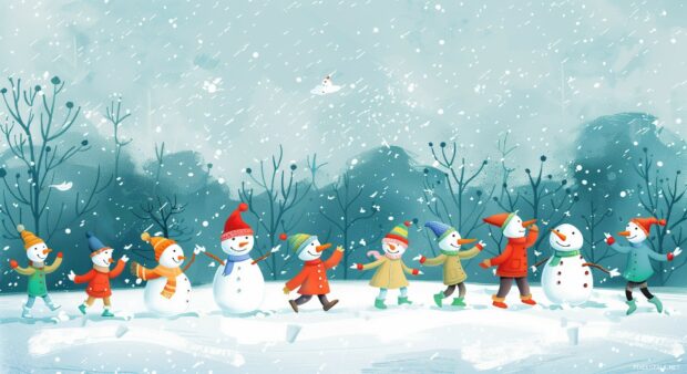 Winter computer wallpaper with snowmen and children playing in a winter park.