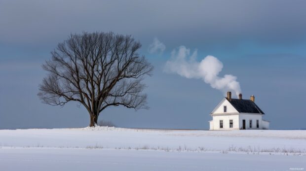 Winter farmhouse scene wallpaper with smoke rising from the chimney and snow covered fields.