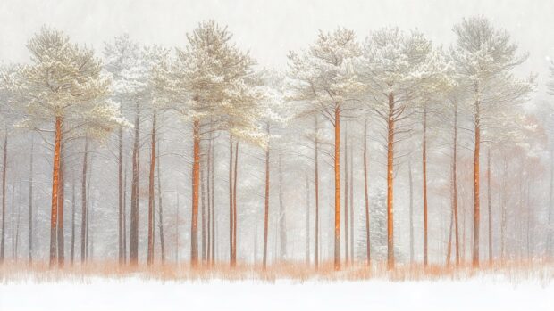 Winter forest 1080p HD Background with tall, slender trees dusted with snow, bathed in soft, diffused light.