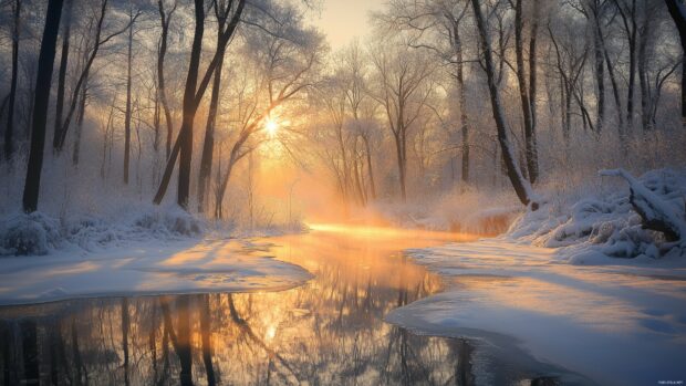 Winter forest 4k wallpaper featuring frosty trees, a frozen creek, and a soft, diffused light creating a serene and cold atmosphere.