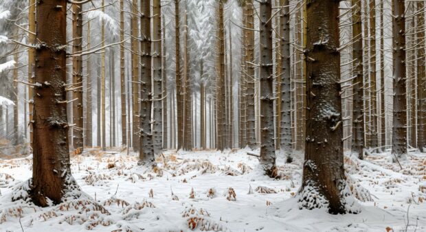 Winter forest PC wallpaper for desktop with snow covered pine trees.