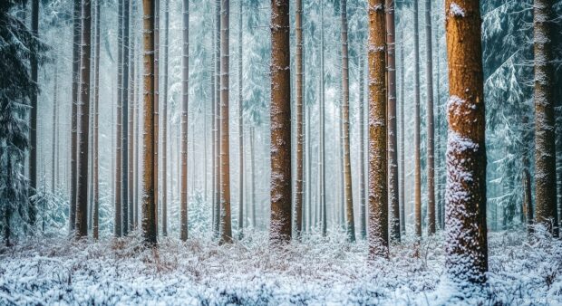 Winter forest desktop wallpaper with tall, slender trees dusted with snow, bathed in soft, diffused light.