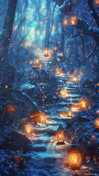 Winter forest path lit by lanterns, creating a magical atmosphere.