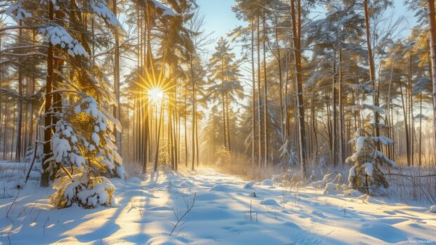 Winter forest scene HD wallpaper with a frosty morning light filtering through the trees.