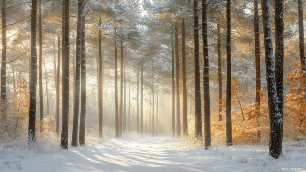 Winter forest scene with tall, slender trees dusted with snow, bathed in soft, diffused light.