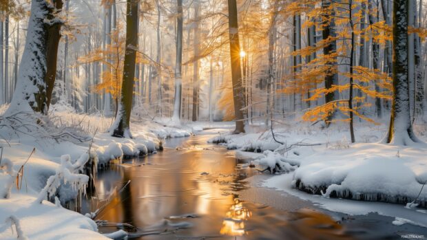 Winter forest with a frozen stream and snowy banks.