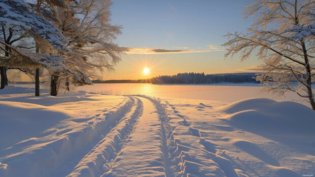 Winter landscape 4K wallpaper for PC with a snow covered field and sunrise.