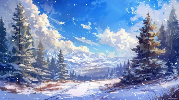 Winter landscape PC wallpaper with snow covered pine trees and a clear blue sky.