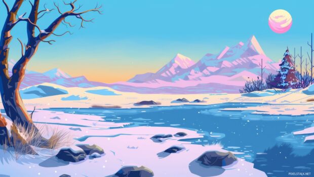 Winter landscape background 1080p with cool frozen lakes and snow capped mountains.