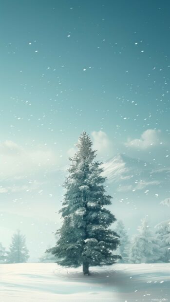 Winter landscape phone wallpaper featuring a lone pine tree in a snowy meadow.