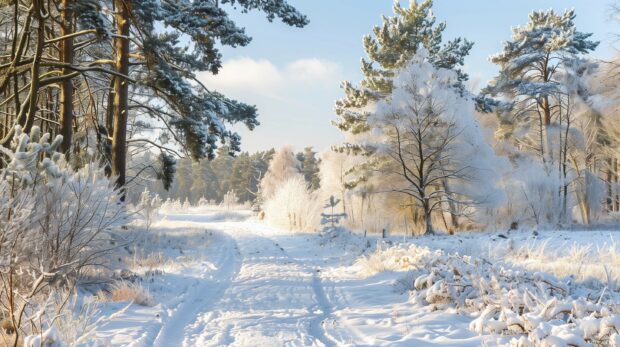 Winter landscape scene desktop wallpaper with a snowy path and tall pines.