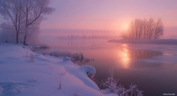 Winter landscape with a pink sunset reflecting on the snow.