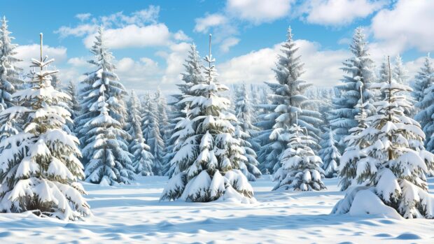 Winter landscape with snow covered pine trees and a clear blue sky.