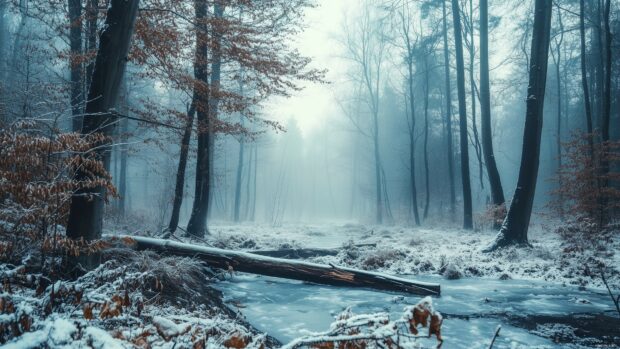 Winter morning in a dense forest with snow dusted branches, icy ground, and a misty, cool ambiance.