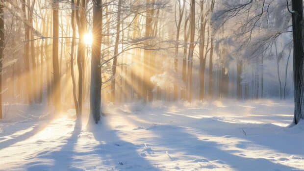 Winter morning wallpaper 4K for PC with frost covered trees and soft sunlight.