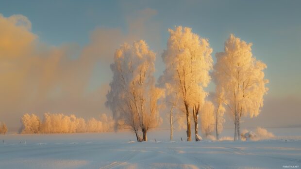 Winter morning with frost covered trees and a golden sunrise.