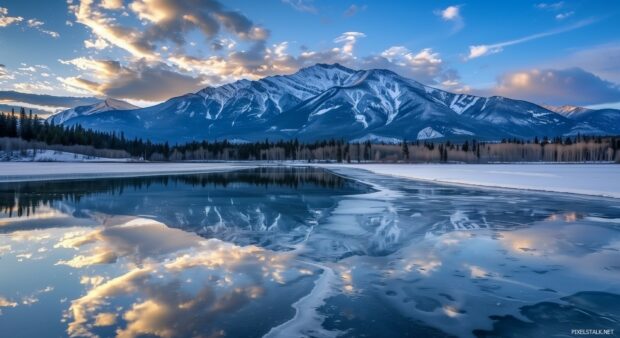 Winter mountains reflected in a calm, frozen lake.