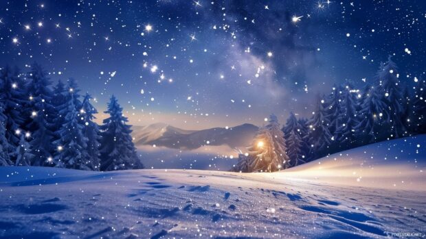 Winter night computer HD wallpaper with stars shining above a snowy landscape.