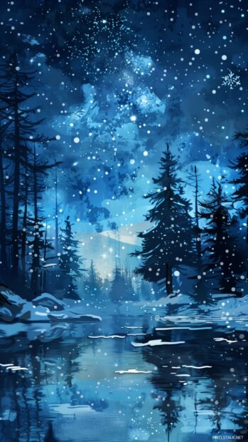 Winter night phone wallpaper with stars twinkling above a snowy countryside.