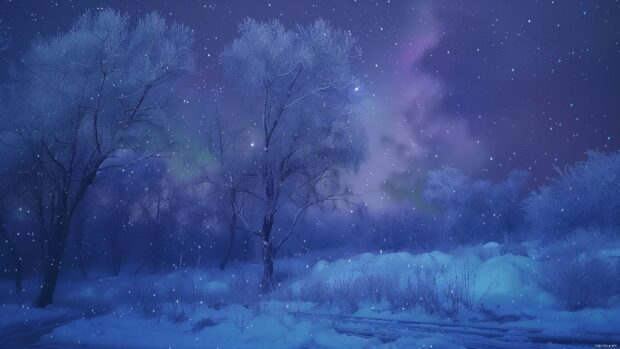 Winter night sky 4K wallpaper with the northern lights and snow laden trees.