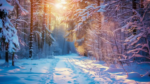 Winter path through a forest with snow laden branches.