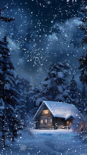 Winter phone 4K wallpaper wonderland with softly falling snowflakes and a cozy cabin.