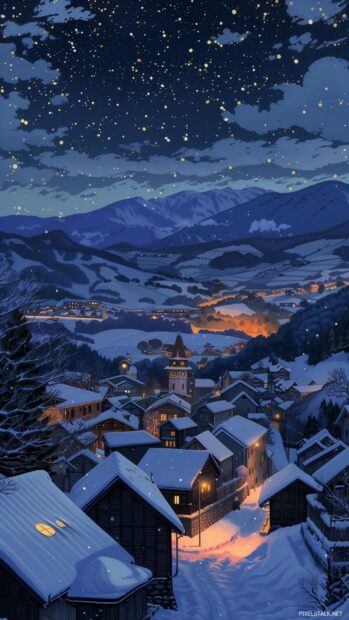 Winter phone wallpaper with the first stars appearing above a snowy village.