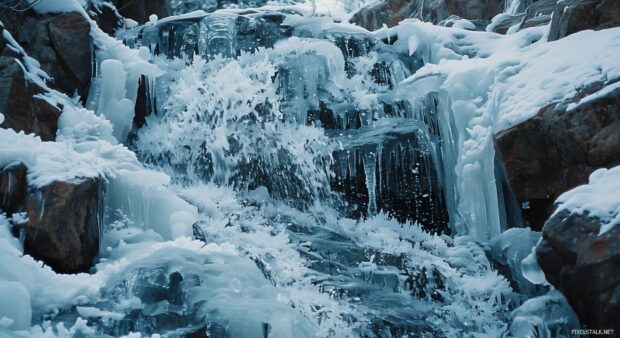 Winter scene HD wallpaper with a frozen waterfall cascading over icy rocks.