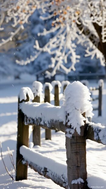 Winter scene of a wooden fence covered in fresh snow.