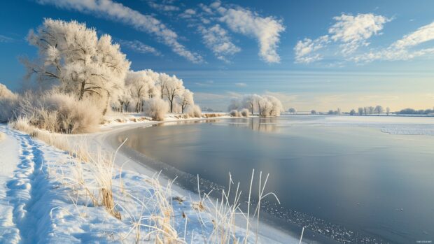 Winter scene wallpaper 4K with a frozen river and snowy banks.