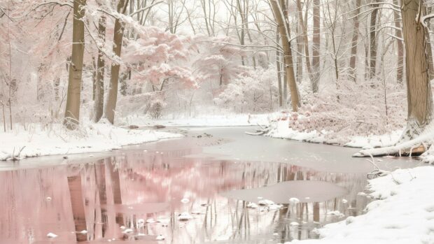 Winter scene wallpaper HD with snow covered lake.