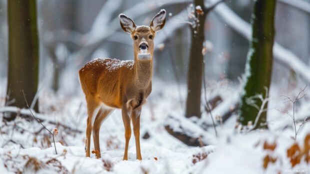 Winter scene wallpaper with forest and deer standing in the snow.