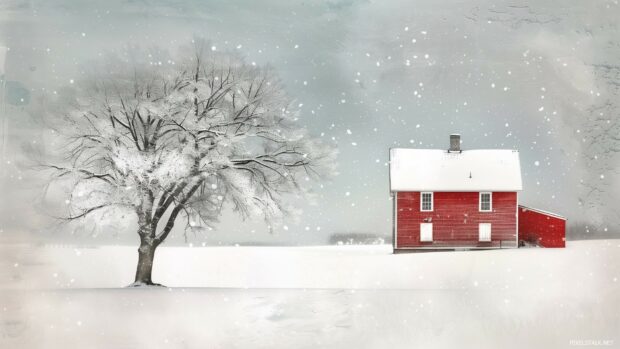 Winter snow on a peaceful countryside scene.