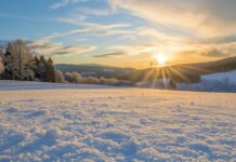 Winter sunrise casting a warm glow over snow covered fields.