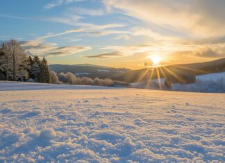 Winter sunrise casting a warm glow over snow covered fields.